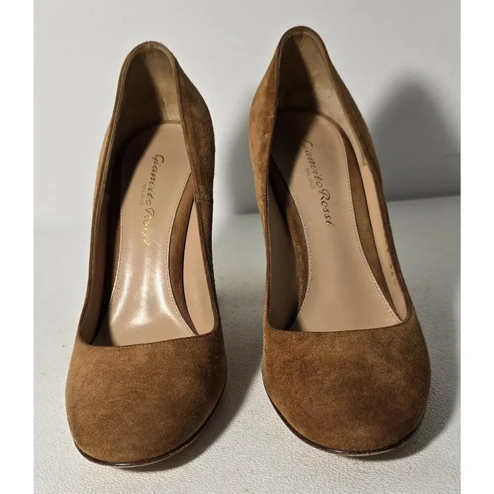 Gianvito Rossi Camel Cognac Suede Heels Pumps 36.5/6.5 Round Toe Block Heel $895